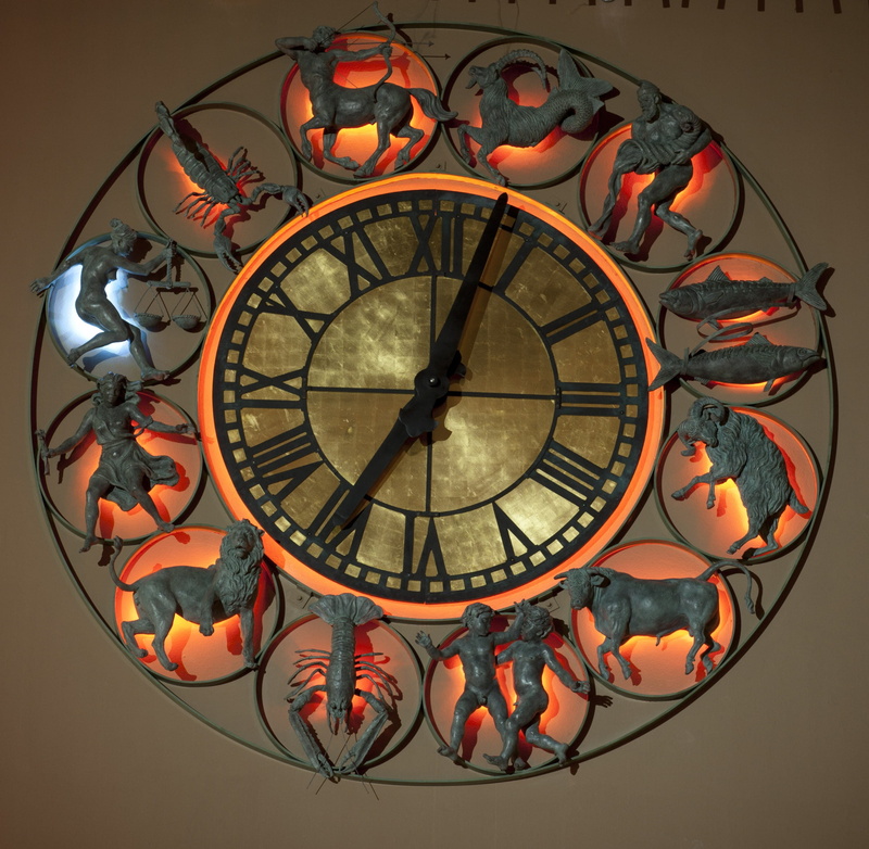close-up, geometric shape, nature, old, ceiling, roman numeral, circle, clock face, multi colored, roman, inside, no people, shape, macro, orange color