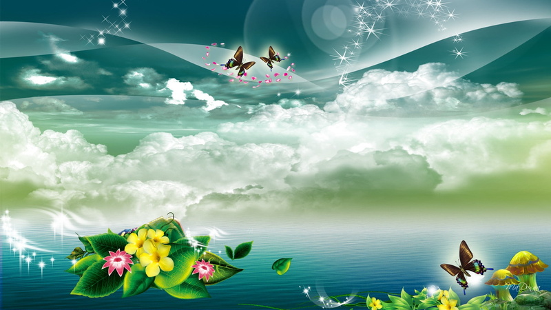 Abstract, amazing, hd, Clouds, Flowers, butterflies, 1080P, cyan, nature, art, aqua