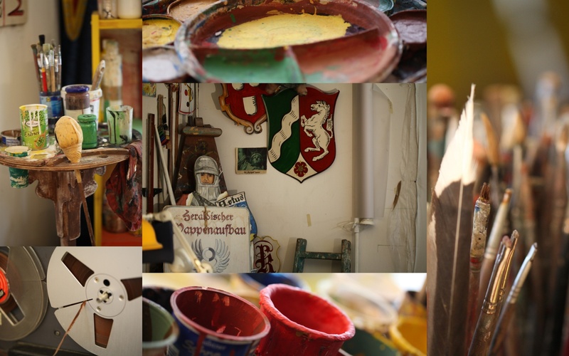 no people, retail, 1080P, range, painter, script painter, focus on foreground, still life, paint, color, hanging, representation, coat of arms, indoors
