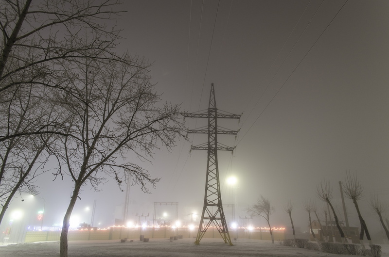 winter, cold temperature, electricity, extreme weather, mist, electricity pylon, fog, no people, plant, fuel and power generation, sky, bare tree, city