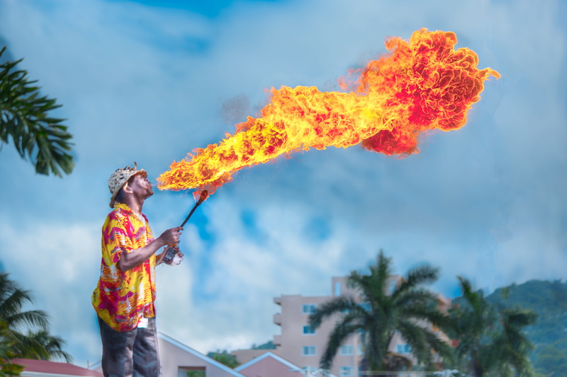 communication, adult, top, yellow, sky, fire eater, 4K, outdoors, blowing, nature, burning, red, man, make, men, cloud - sky, casual clothing, standing