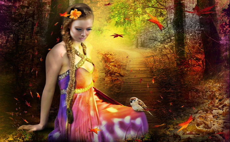 fashion, Braid, nature, digital composite, beauty, girl, Lashes, autumn, young women, track, hair, Make, flowers, fantasy, dress, 1080P, plant, three quarter length