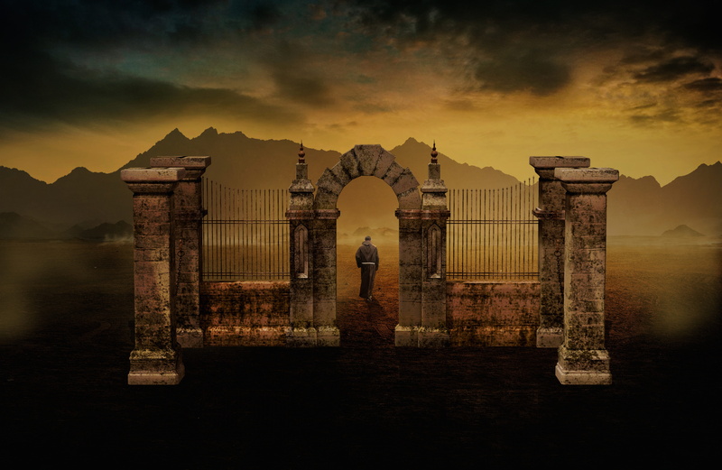 outdoors, real people, way, cloud - sky, the past, manipulation, sunset, arch, castle, water, nature, fairy, lifestyles, searching, built structure, dark