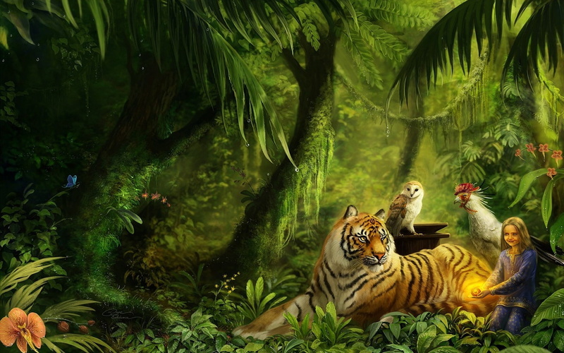 Jungle, Tree, Wood, 1080P, Owl, Lion, Forest, Child, Girl, Bird, Fantasy, Artistic, Tiger, Rainforest, Little Girl
