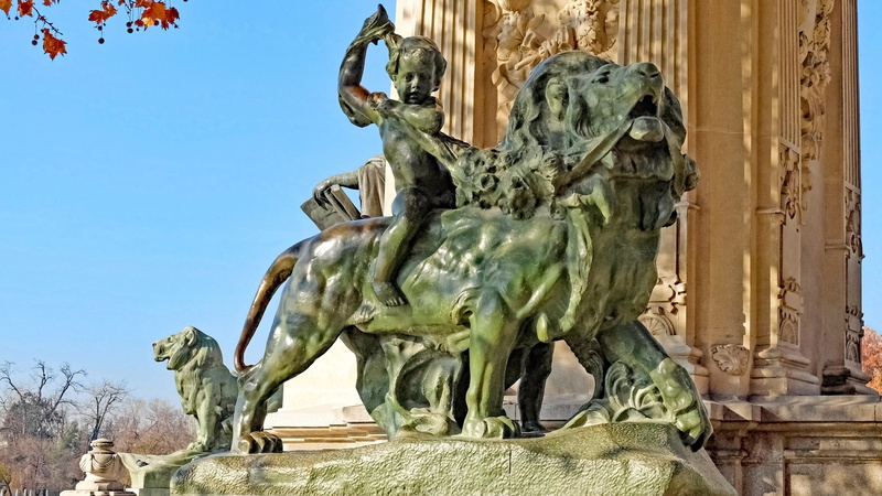 memorial, creativity, outdoors, park, statue, history, day, Madrid, Garden, human representation, child, mammal, lion, sculpture, Statue, Park, nature