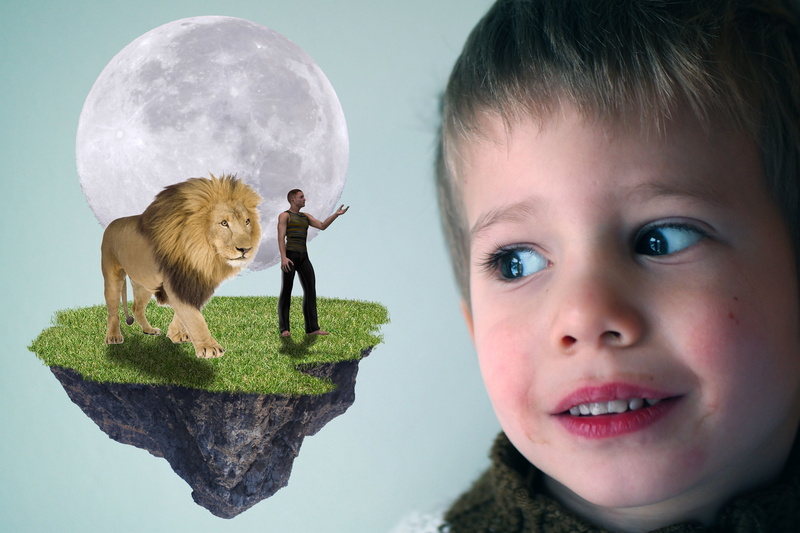 one person, floating, girls, dream, portrait, fantasy, representation, cute, headshot, stone, looking, lion, baby, toddler, one animal, human face, mammal