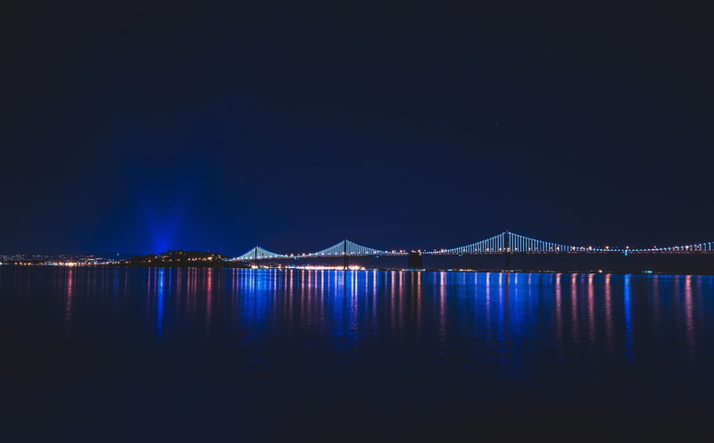 travel destinations, sky, blue, Bridge, 5K, white, tranquil scene, copy space, Reflection, scenics - nature, nature, mountain, phoot, City, illuminated