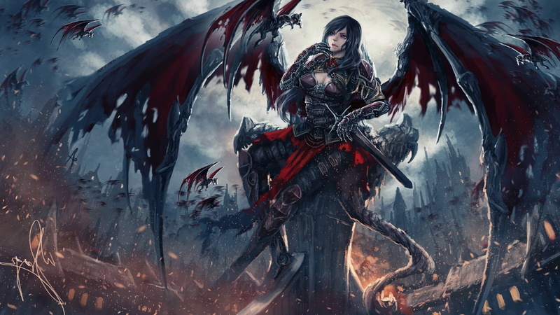 warrior, angel, fantasy art, blue eyes, artwork, castle, armor, dark, weapon, creature, 1080P, Dark Angel, sword, wings, fantasy
