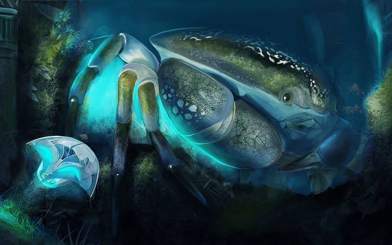1080P, sketch, crab, digital, sea, fish, blue, art, green, creature