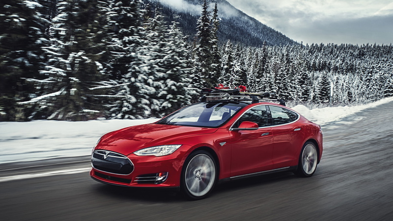 sport cars, suv, electric cars, trees, Quickest Electric Cars, covered, sedan, snow, daytime, red, Tesla model S P85D, near, pine, 4K, road