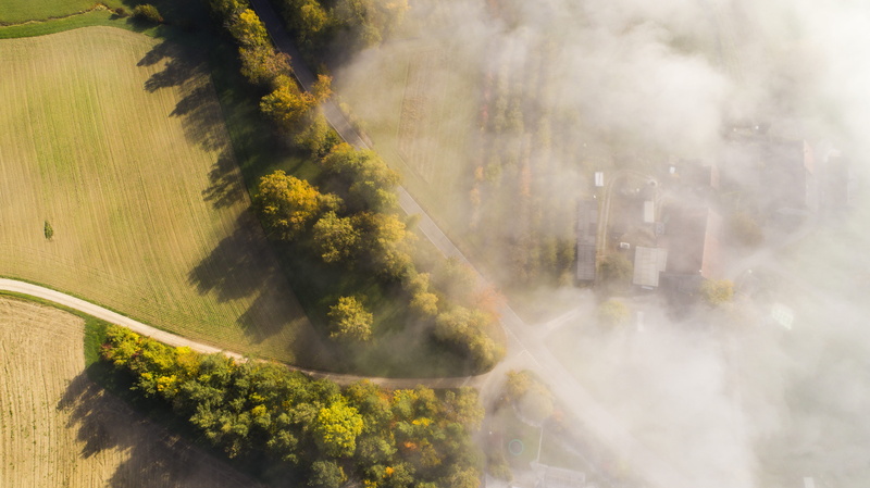 gloomy, drone, quadrocopter, above the clouds, environment, scenics - nature, outdoors, tranquility, architecture, dusk, warm, forest, cloudiness, sunlight