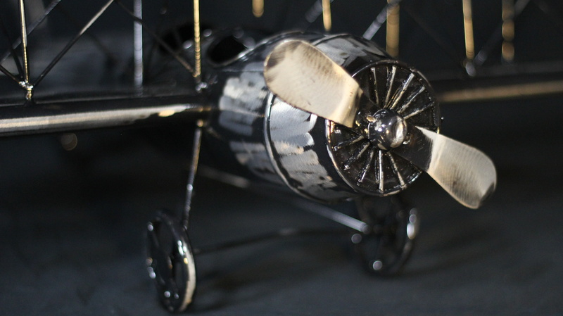 retro, wine, dark, metal, biplane, fly, drink, indoors, day, model, 5K, close-up, propeller, gray, cast, die, pedal, old, studio shot, ornate, no people