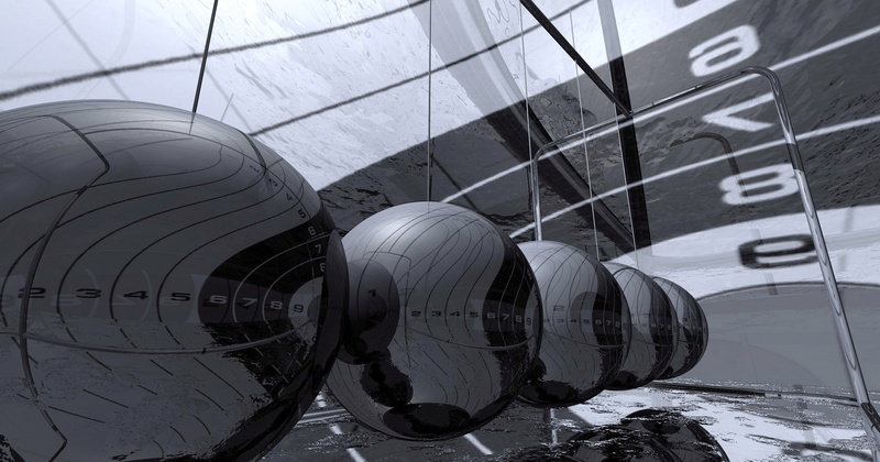 3d, air vehicle, geometric shape, day, 3d visualization, transportation, outdoors, airplane, black, graphic, tire, design, chrome, reflection, mode of transportation