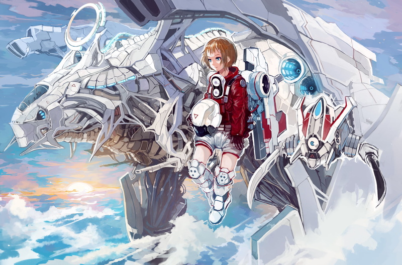 front view, human representation, anime, illustration, one person, leisure activity, sky, day, artwork, cloud - sky, child, outdoors, mech, representation