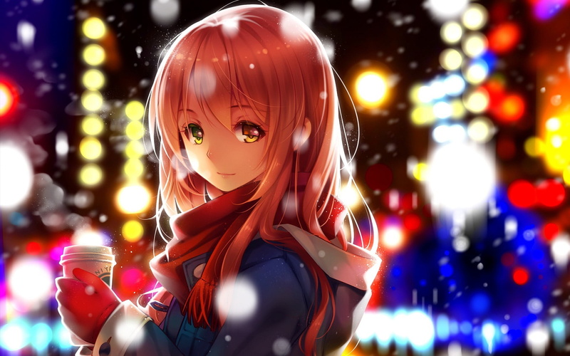 red, illustration, coffee, holiday, focus on foreground, original characters, anime, winter, snow, lifestyles, female, one person, illuminated, scarf, women