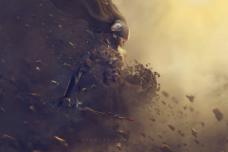 Carlos Quevedo, 720P, rocks, Photoshop, women, sword