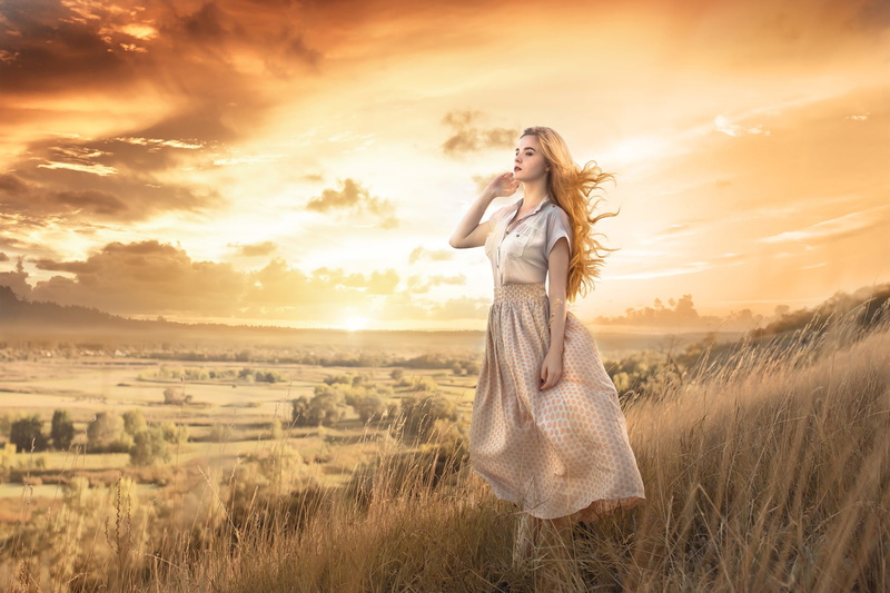hair, sunset, 1080P, view, grass, mood, girl, Damien Prokhorov, the sky