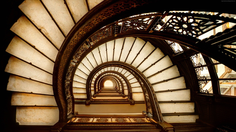 low angle view, staircase, black and white stairs, diminishing perspective, built structure, arch, direction, no people, 4K, Travel, spiral staircase