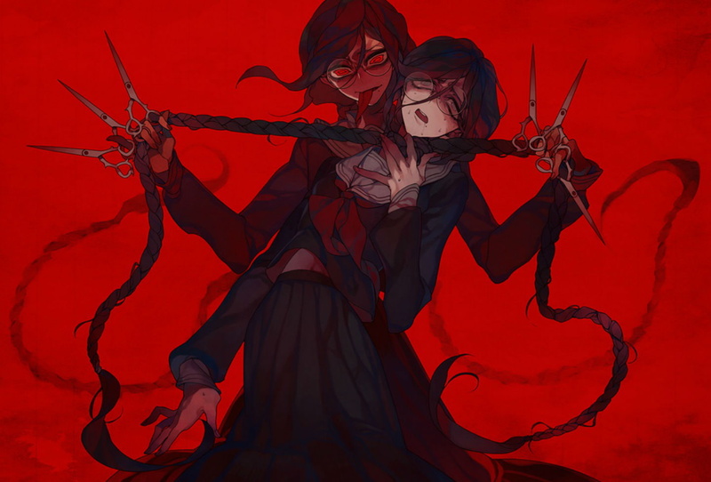 720P, dearest24, seifuku, touko, braids, fukawa, black, eyes, glasses, ronpa, hair, dangan, rohit, red, dangan ronpa