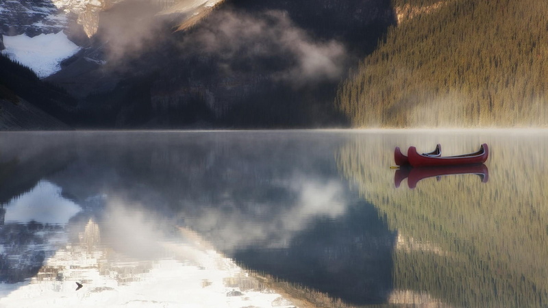 reflections, nature and landscapes, blue, reflection, skt, lake, alberta, kayaks, forest, 1080P, banff, canada, mountains