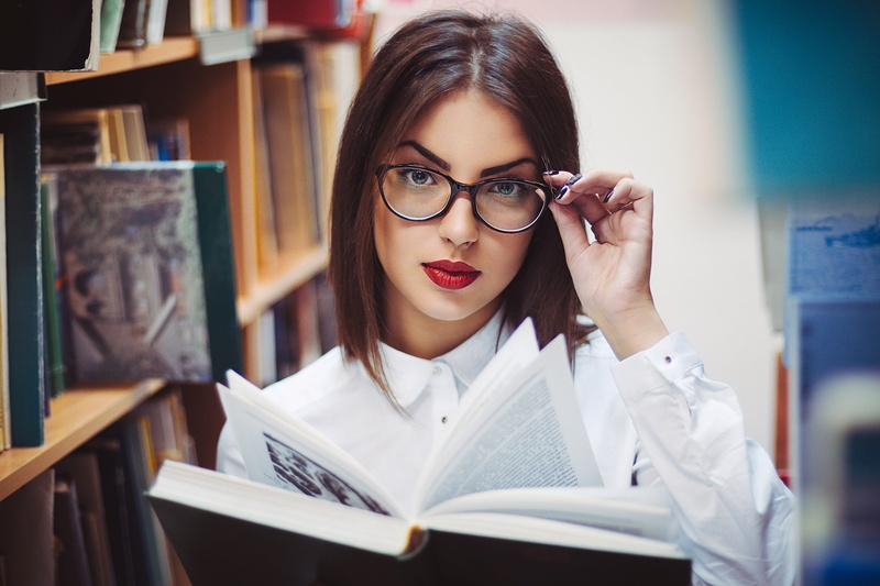 2K, publication, red lipstick, glasses, adult, portrait, book, one person, reading, front view, beauty, young adult, women, education, hairstyle, beautiful woman
