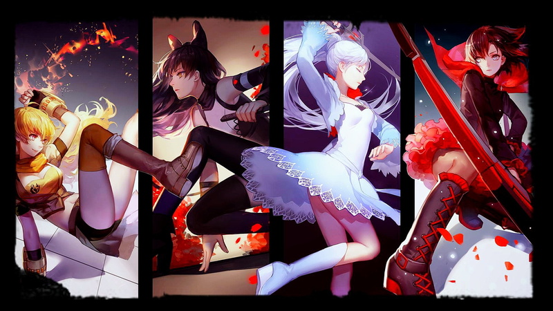 night, crowd, celebration, people, group of people, women, lifestyles, rwby ruby rose weiss schnee blake belladonna yang xiao long rooster teeth red white black yellow white dress dress anime