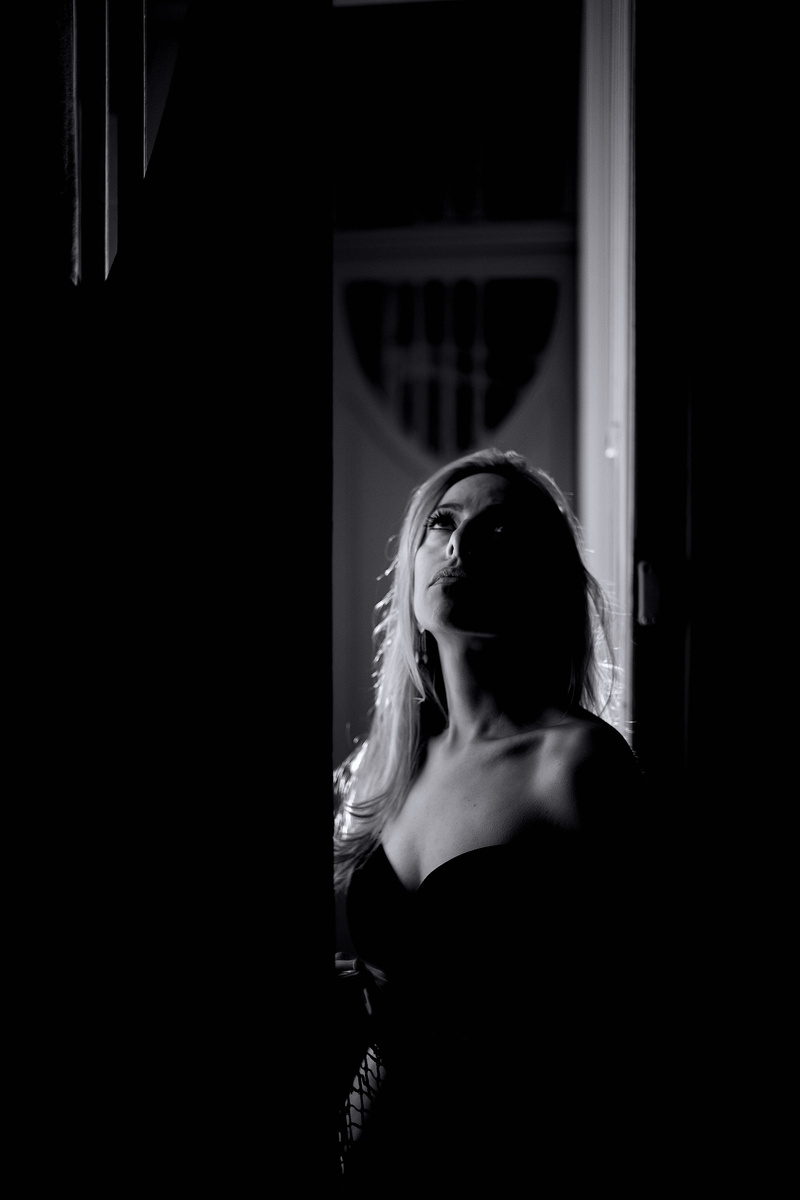 portrait, sadness, dress, looking away, dark, looking, young adult, dark darkness, waist up, doo, photo, ceiling, woman, blond, standing, women, monochrome