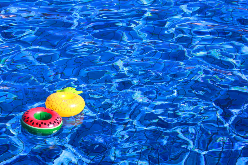 rubber duck, blue, high angle view, swimming, blue pool, pineapple, yellow, waterfront, tubing, day, summer, 1080P, nature, freshness, rippled, ball, watermelon