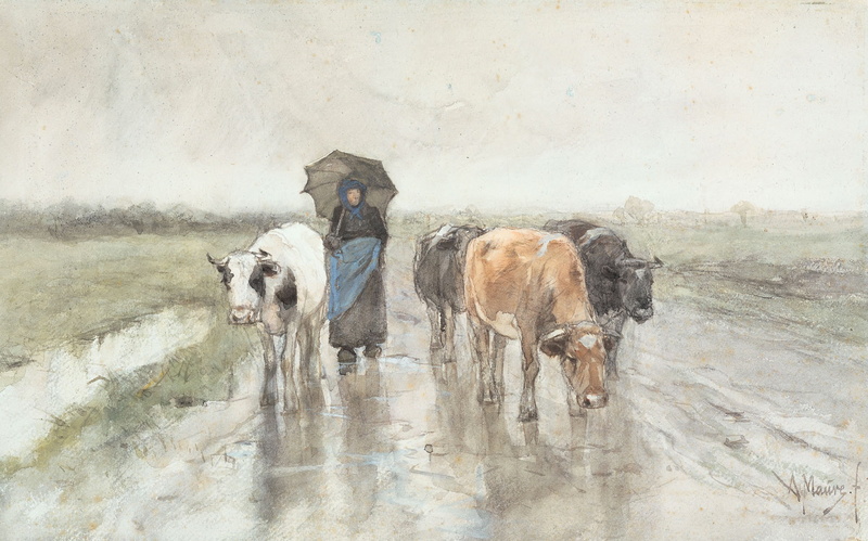 Anton Mauve, Cows and Shepherdess on a Country Road in the Rain, umbrella, figure, watercolor, animals, 1080P