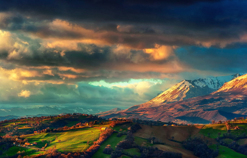 sibillini, clouds, fields, storm, italy, mountain, apennines, spring, march, sky, range, 1080P, monti, houses, valley