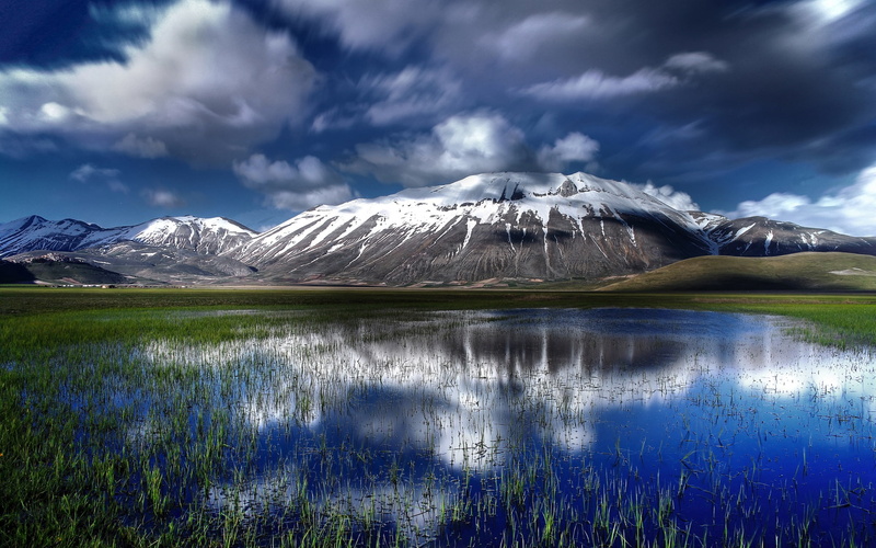 Italy, 1080P, Clouds, Water, Grass, Sibillini, Mountains