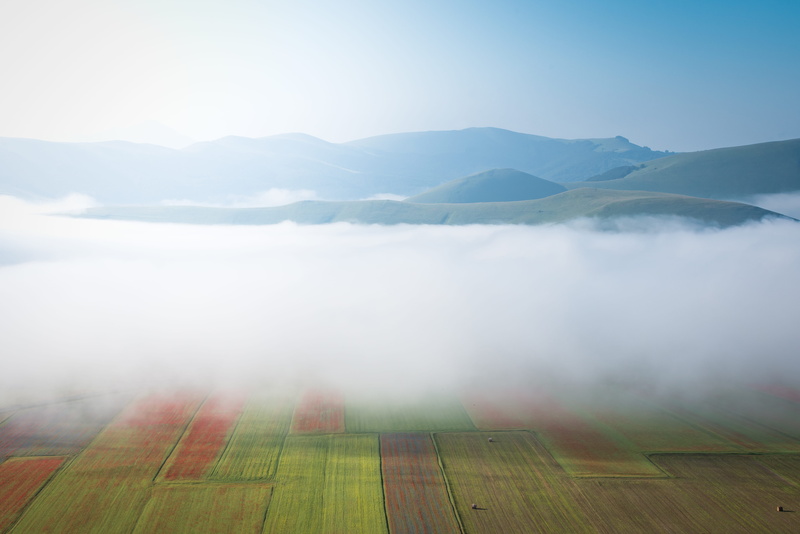 italy, morning, 5K, mist, sky, day, castelluccio di norcia 1451 mt, sunrise, non-urban scene, no people, idyllic, agriculture, scenics - nature, nature
