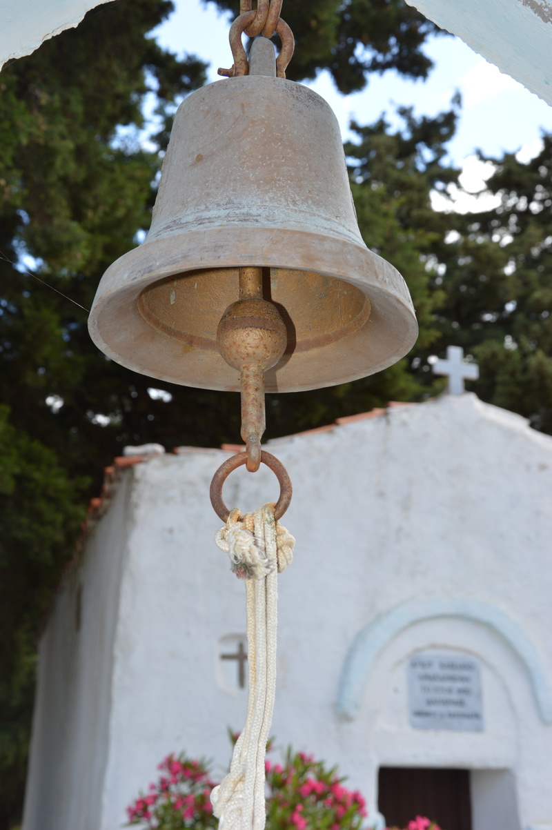 religious equipment, built structure, plant, brass, metal, greece, lighting equipment, nature, tree, bell, no people, spirituality, low angle view, day