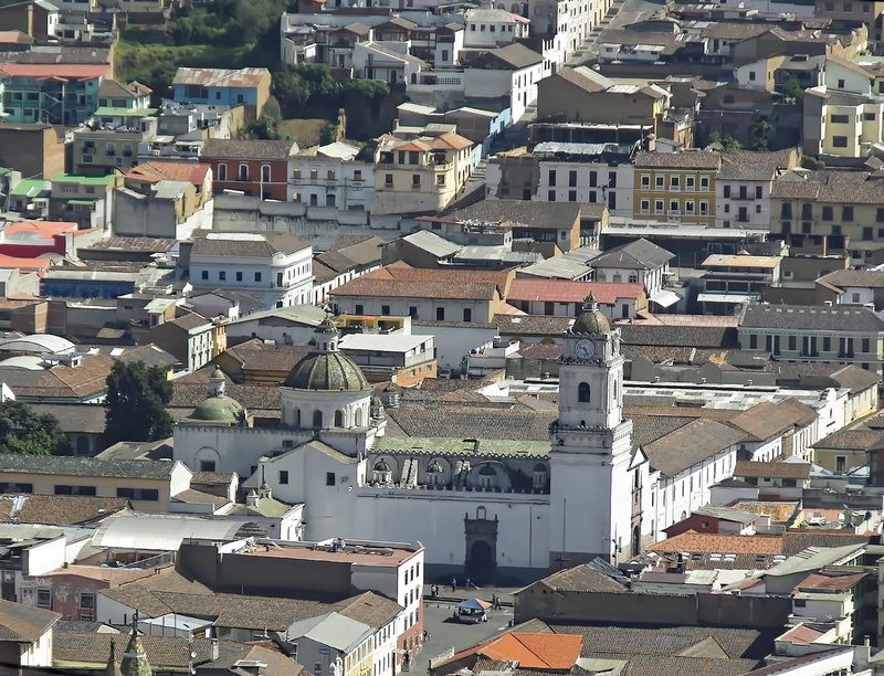 bell tower, residential district, crowded, Ecuador, Church, house, architecture, outdoors, Panorama, city, roof, convent, day, high angle view, settlement
