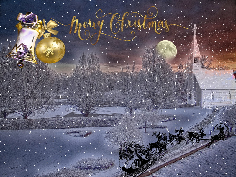 2K, Reindeer, Church, Winter, Holiday, Moon, Christmas, Snow, Sled, Merry Christmas, Bell, Bauble