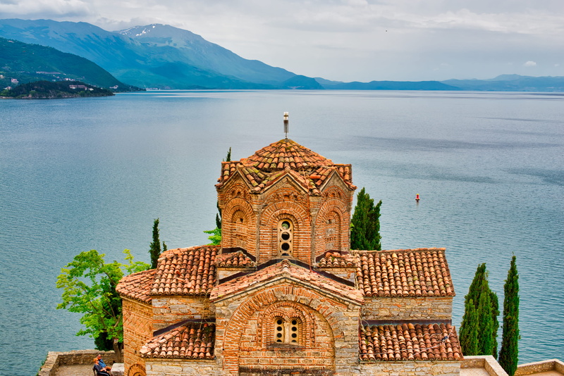mountain, tree, building, landscape, church, sky, brick, ohrid, no people, monastery, belief, religion, roof, temple, glacier, bell tower, near, spirituality