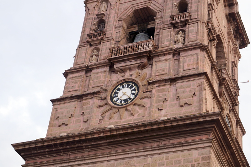 building exterior, no people, bell tower, nature, tower, time, baroque building, low angle view, clock face, church, history, 4K, city, morelia, architecture