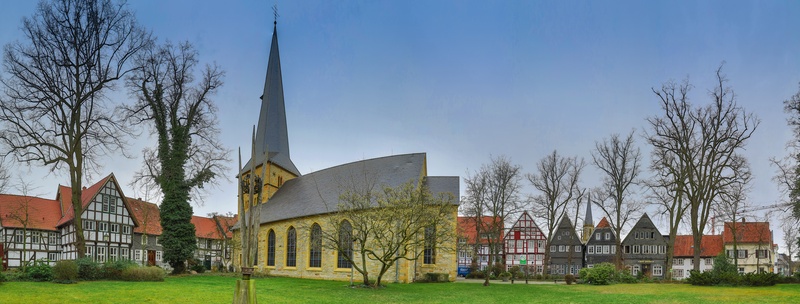 lawn, plant, belief, nature, spirituality, religion, no people, history, germany, bare tree, gütersloh, building, built structure, grass, sky, building exterior