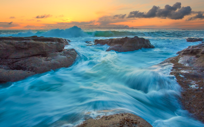 4K, Waves, Tides, Last light, 4K, Sunset, Oregon