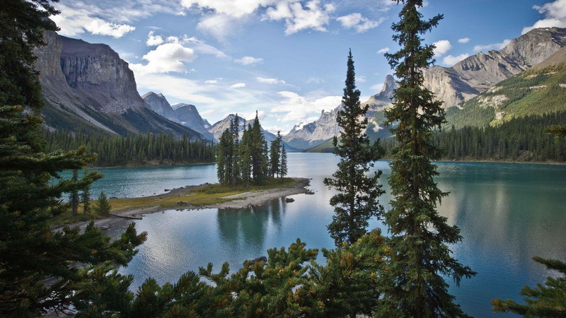 cloud - sky, travel destinations, outdoors, reflection, lake, pine tree, tree, mountain range, sky, scenics - nature, Trees, tranquility, mountain, formation