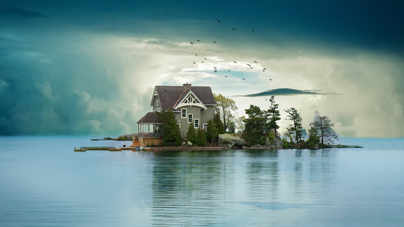 pine, island, clouds, pond, pack, house, birds, mansion, trees, rendering, lake, 4K