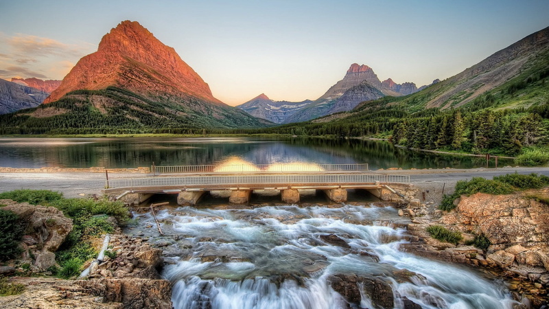 blue, stones, idyllic, flowing, 1080P, bridge, flowing water, mountains, journey, sunset, scenics - nature, summer, tourism, national Landmark, forest