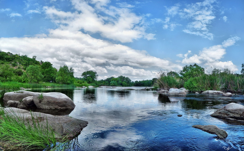 rock, scenics - nature, sky, non-urban scene, flowing water, plant, Stones, land, rock - object, tree, Signature, forest, tranquil scene, no people, cloud - sky