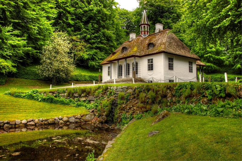 holiday, denmark, roofed, water, tree, liselund, building, house, growth, residential district, green color, places of interest, castle, beauty in nature