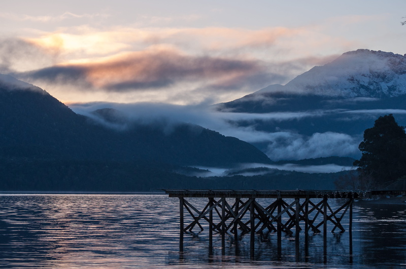 tranquility, water, cloud, new zealand, pier, brown, dawn, jetty, cloud - sky, red sky, deck, sunrise, tranquil scene, fog, mountain, architecture, mist