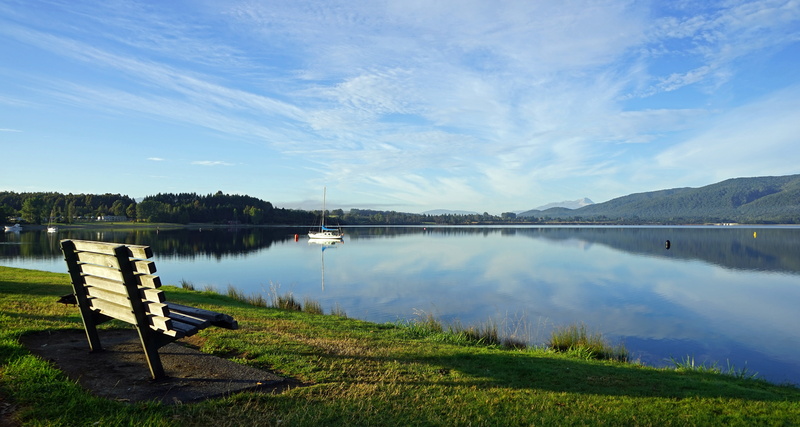 lake, beauty in nature, plant, outdoors, seat, landscape, day, no people, bank, morgenstimmung, grass, blue, non-urban scene, cloud - sky, 5K, reflection