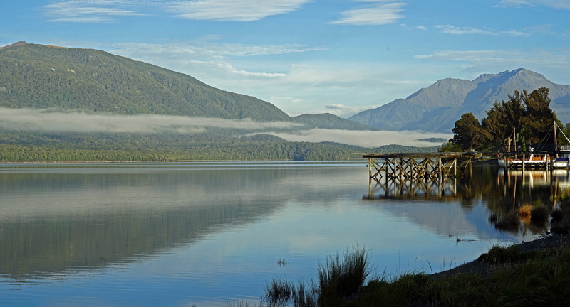 plant, tranquil scene, waterfront, lagoon, nature, mountain, architecture, environment, fog, water, 5K, lake, te anau, no people, landscape, outdoors