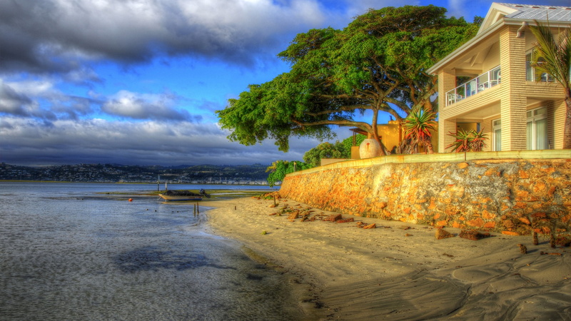  green, sea, ship, house, nature, cloud, beach, nice, place, villa, colors, trees, hd, 2K