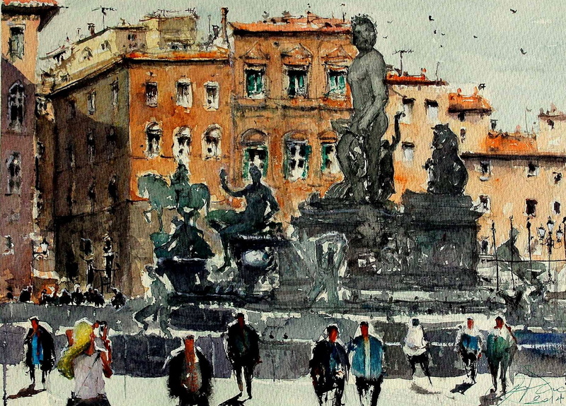watercolor, the urban landscape, the city, 1080P, Maximilian DAmico, place Massena, Nice, picture