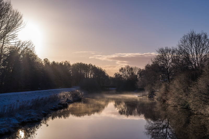 relax, morning sun, scenics - nature, light, fog, tranquility, reflection lake, river, sunbeam, snowy, morgenstimmung, frosty, morning mist, romantic, winters day